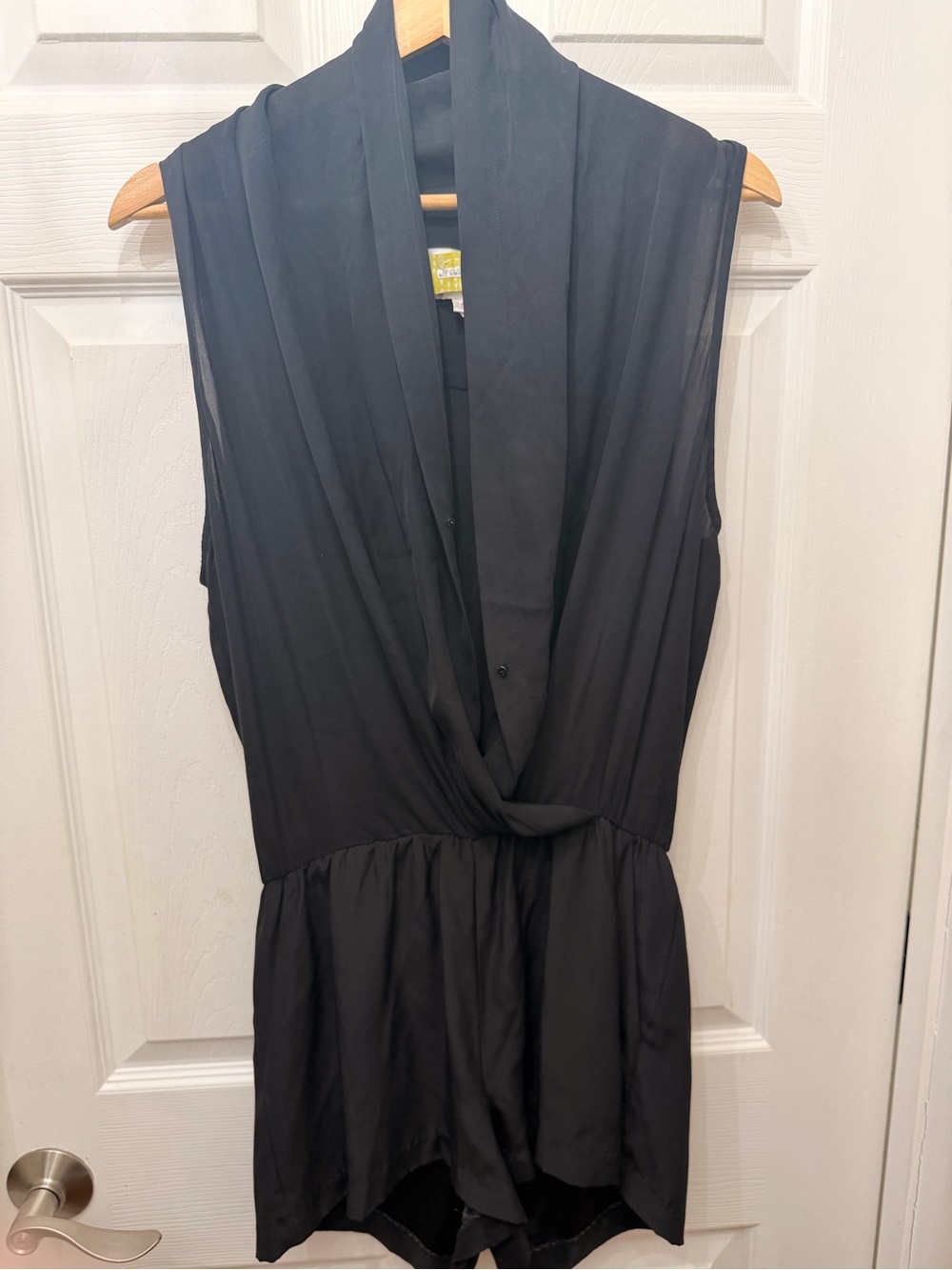 Parker black sleeveless faux-wrap shawl collar silk romper